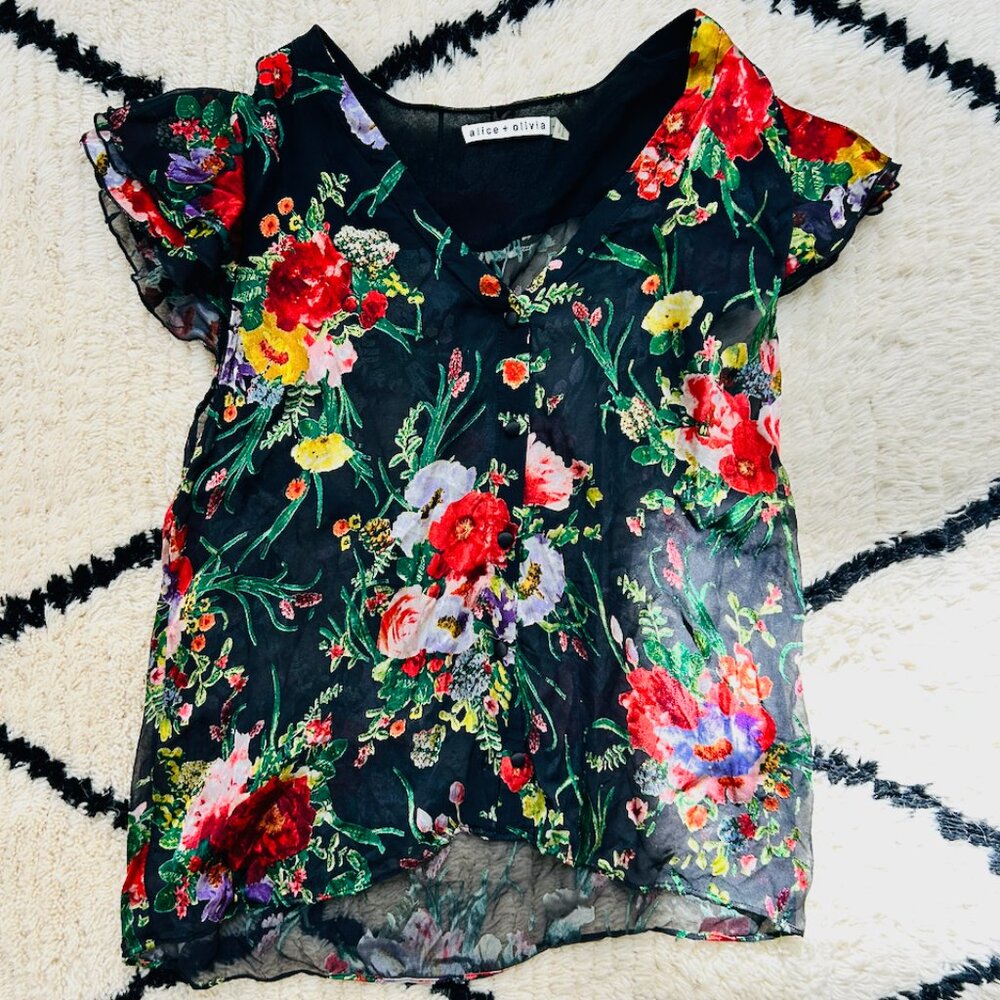 Alice + Olivia Floral Short Sleeve Sheer Blouse